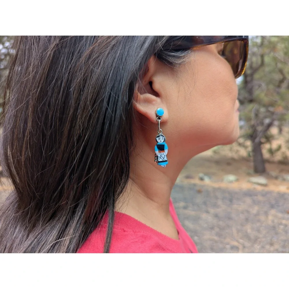 Handmade Native American Earrings Signed‎ Silver Zuni Corn Maiden Kachina **
